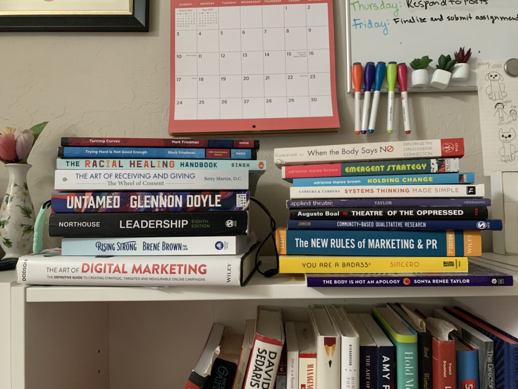 A pile of books Sarah is using for her capstone project